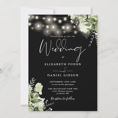 All In One Black String Lights Floral Wedding Invitation