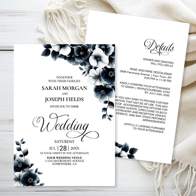 All in One Black White Floral Wedding Invitation (Creator Uploaded)