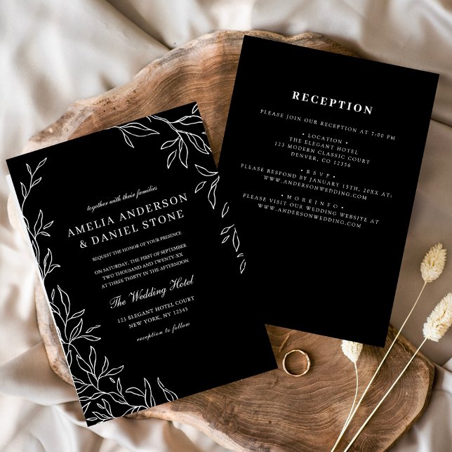 All in One Black & White Minimal Leaf Wedding  Invitation (Creator Uploaded)