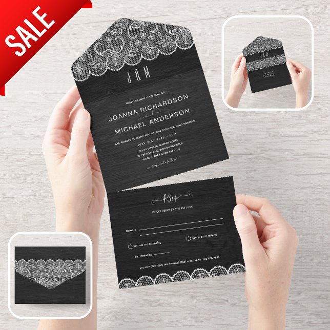 All In One Black Wood Lace Wedding with RSVP All In One Invitation (Creator Uploaded)