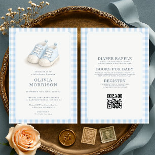 All in One Blue Baby Shoes Gingham Baby Shower Invitation