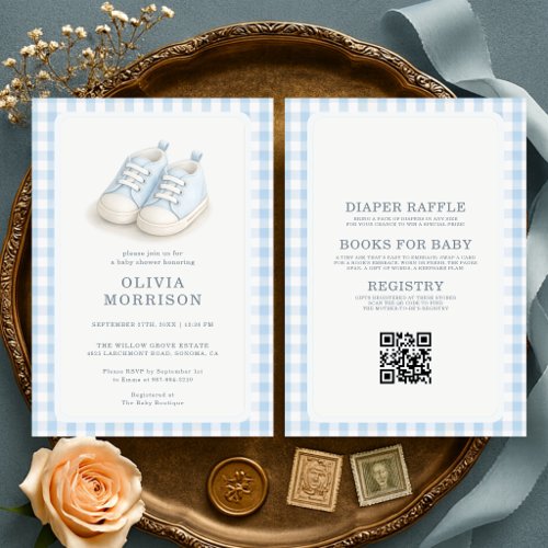 All in One Blue Baby Shoes Gingham Baby Shower Invitation