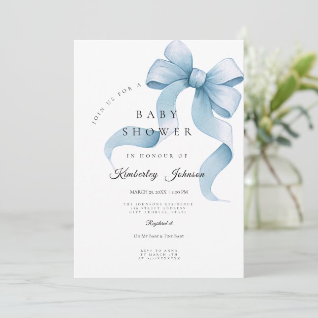 All in One Blue Bow Baby Shower  Invitation (Standing Front)