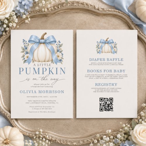 Blue Bow Little Pumpkin Boy All-in-One Baby Shower Invitation, All-in-One · Blue · Baby Boy