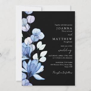 All In One Blue Floral Black And White Wedding Invitation