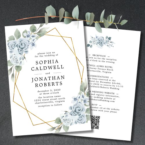 All in One Blue Floral Geometric Frame Wedding Invitation