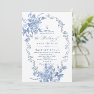 All in One Blue Flowers Ornate Wedding  Invitation