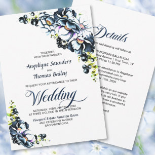 All In One Blue Gray Floral Wedding Invitation