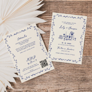All In One Blue Hand Drawn QR Code Wedding Invitation