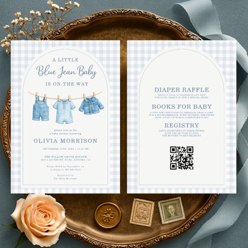 Blue Jean Baby Blue Gingham or plaid baby shower invitation