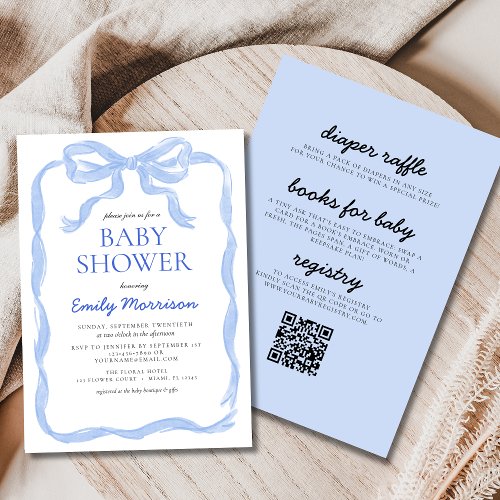 Classic Bow Blue Watercolor baby shower invitation