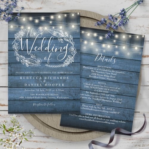 All In One Blue Rustic Wood String Lights Wedding Invitation