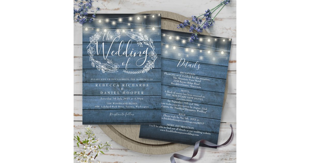 All In One Blue Rustic Wood String Lights Wedding Invitation | Zazzle