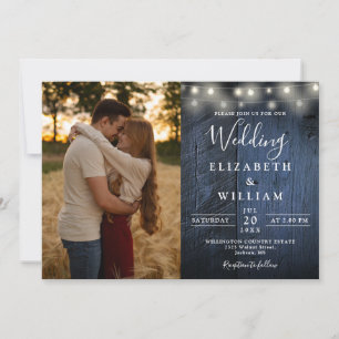 All In One Blue Wood String Lights Wedding Photo Invitation