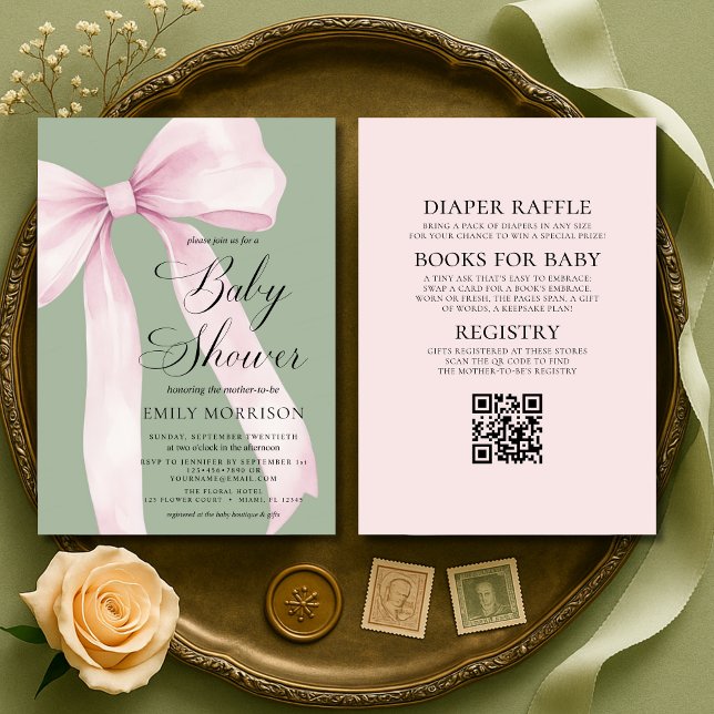 All in One Blush Pink Bow Sage Green Baby Shower Invitation (Creator Uploaded)