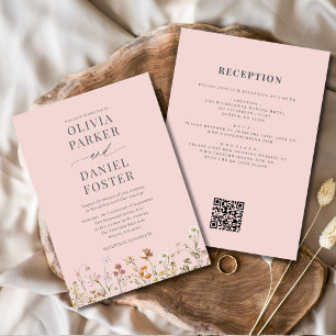 All in One Blush Pink QR Code Wildflower Wedding Invitation
