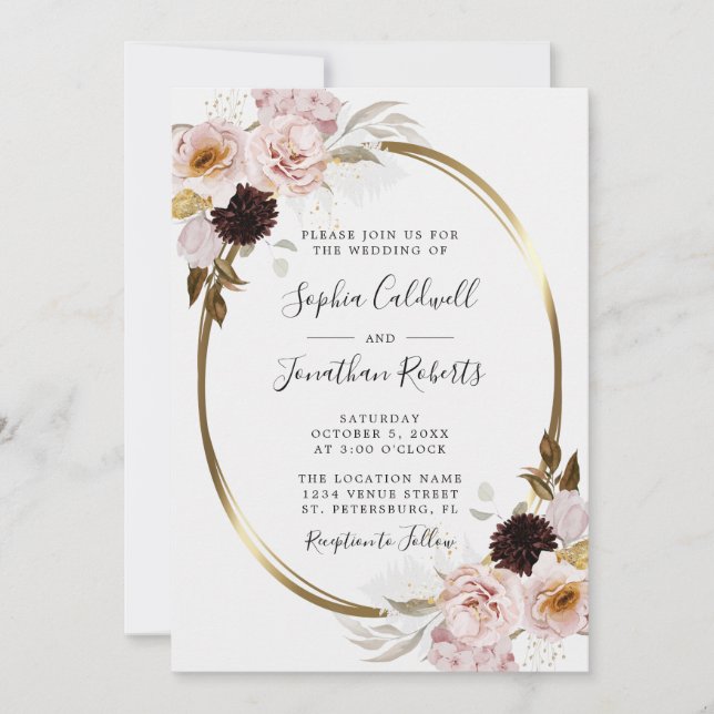 All in One Blush Pink Roses Gold Frame Wedding Invitation (Front)