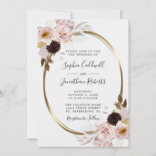 All in One Blush Pink Roses Gold Frame Wedding Invitation