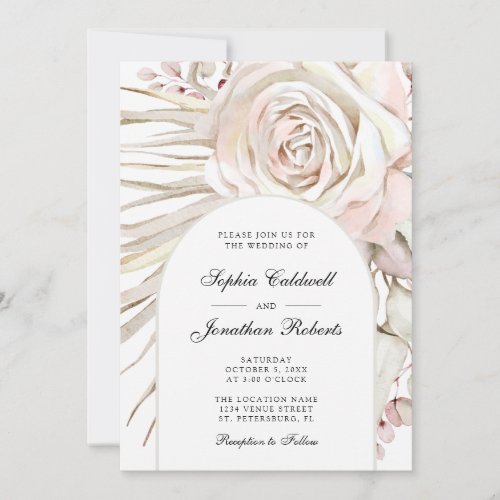 All in One Boho Blush Pink Rose Palm Leaf Wedding Invitation