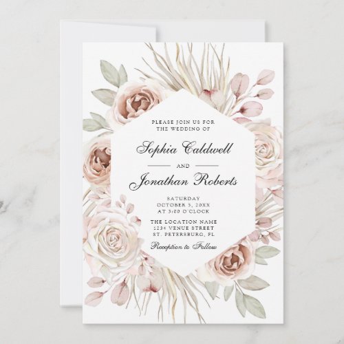 All in One Boho Blush Pink Roses Palm Leaf Wedding Invitation