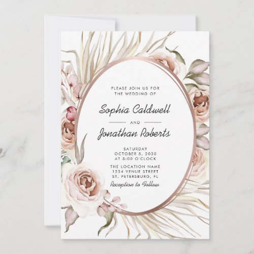 All in One Boho Floral Rose Gold Metallic Wedding Invitation