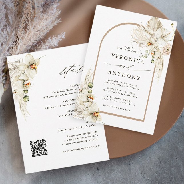 All In One Boho Pampas Grass Orchid Floral Wedding Invitation (Creator Uploaded)