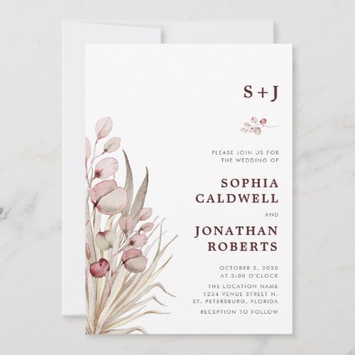 All in One Boho Pink Eucalyptus Dried Palm Wedding Invitation