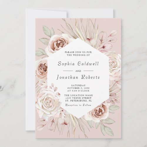 All in One Boho Roses Blush Pink Palm Leaf Wedding Invitation