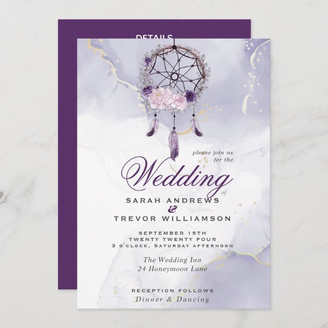 All in One BOHO Wedding Purple Dream Catcher  Invitation (Front/Back)