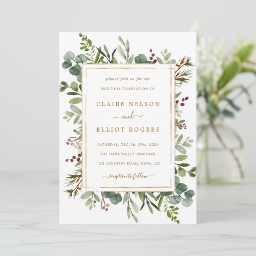 All In One Botanical Christmas Gold Wedding Invitation