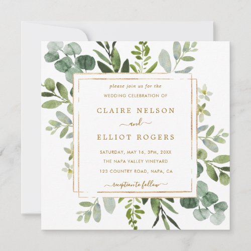 All In One Botanical Gold Greenery Wedding Square Invitation