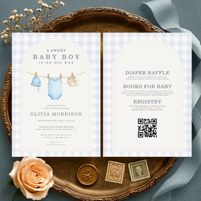 All in One Boy Clothesline Gingham Baby Shower Invitation (Creator Uploaded)
