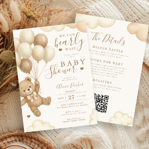 All in one brown bear balloon neutral baby shower invitation