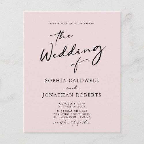 All in One Budget Calligraphy Blush Wedding Invite