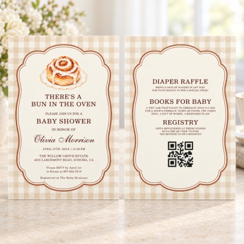 Bun in the Oven Neutral Gingham or plaid baby shower invitation