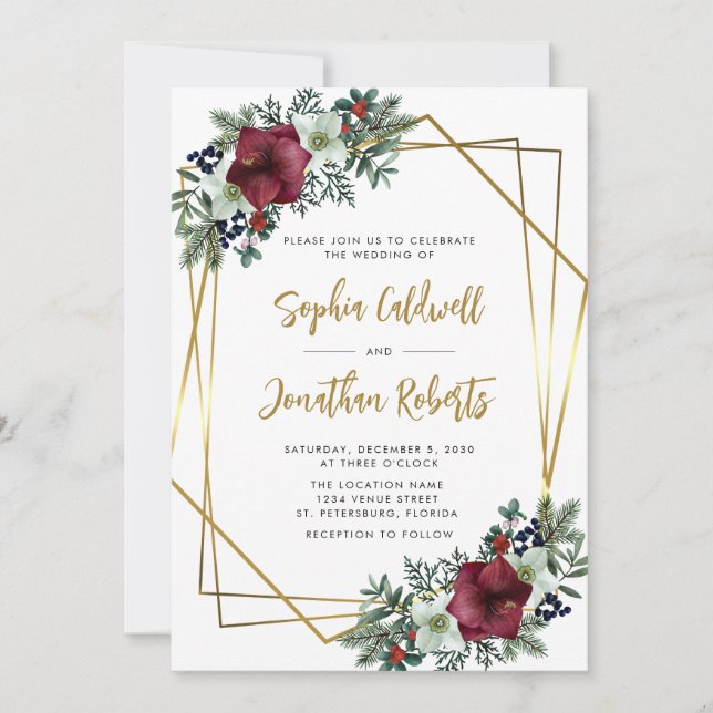 All in One Burgundy Amaryllis Gold Floral Wedding Invitation (Front)
