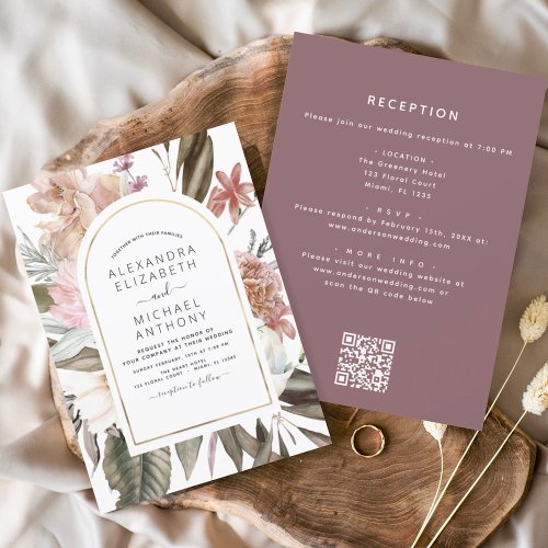 All in One Burgundy Boho Floral QR Code Wedding Invitation