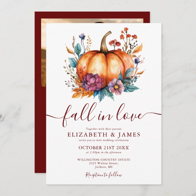 All In One Burgundy Fall In Love Photo Wedding Invitation (Front/Back)