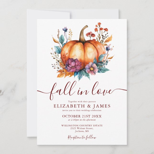 All In One Burgundy Fall In Love Pumpkin Wedding Invitation (Front)