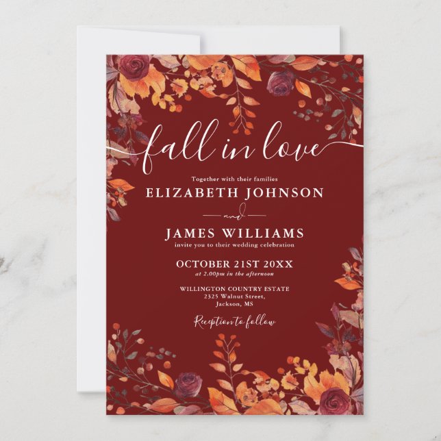 All In One Burgundy Fall In Love QR Code Wedding Invitation (Front)