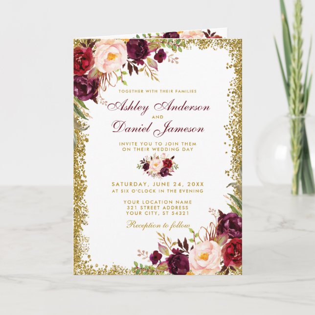 All In One Burgundy Floral Glitter Wedding Invite (Front)
