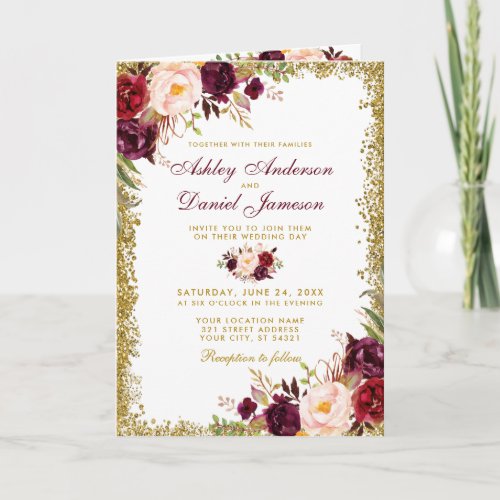 All In One Burgundy Floral Glitter Wedding Invite