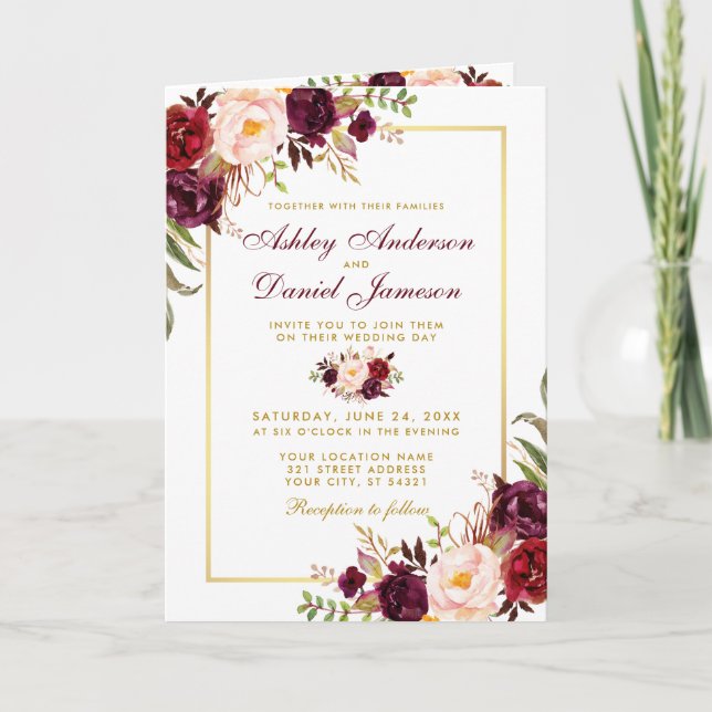 All In One Burgundy Floral Gold Wedding Invitation (Front)