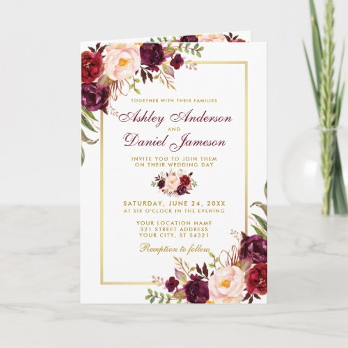 All In One Burgundy Floral Gold Wedding Invitation