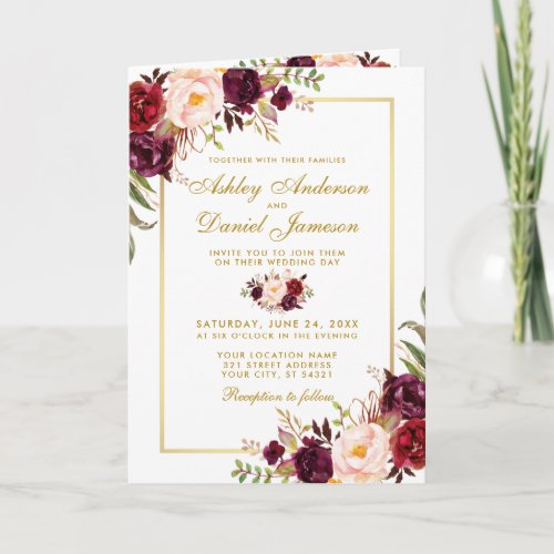 All In One Burgundy Floral Wedding Gold Invitation