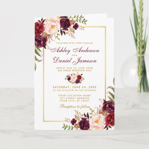 All In One Burgundy Floral Wedding Photo Invite