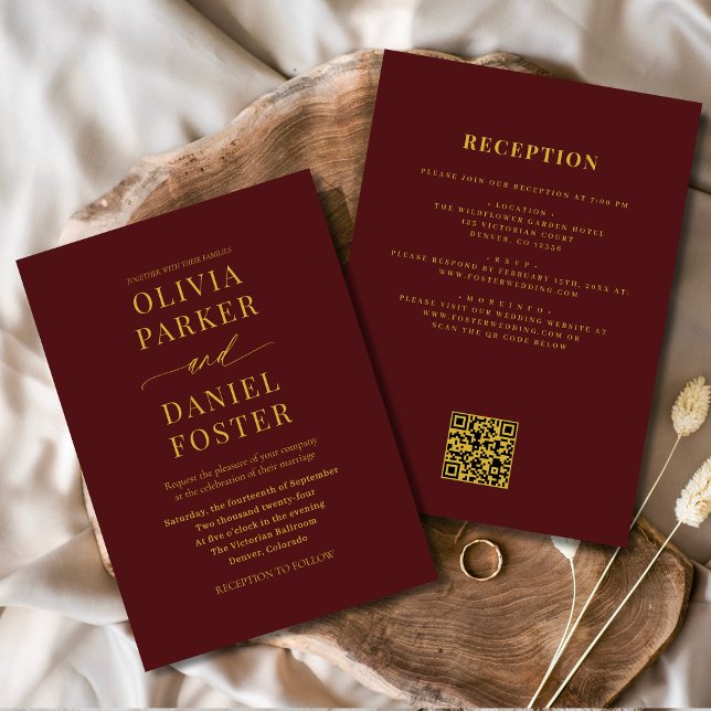 All in One Burgundy Gold QR Code Wedding Invitation (Creator Uploaded)