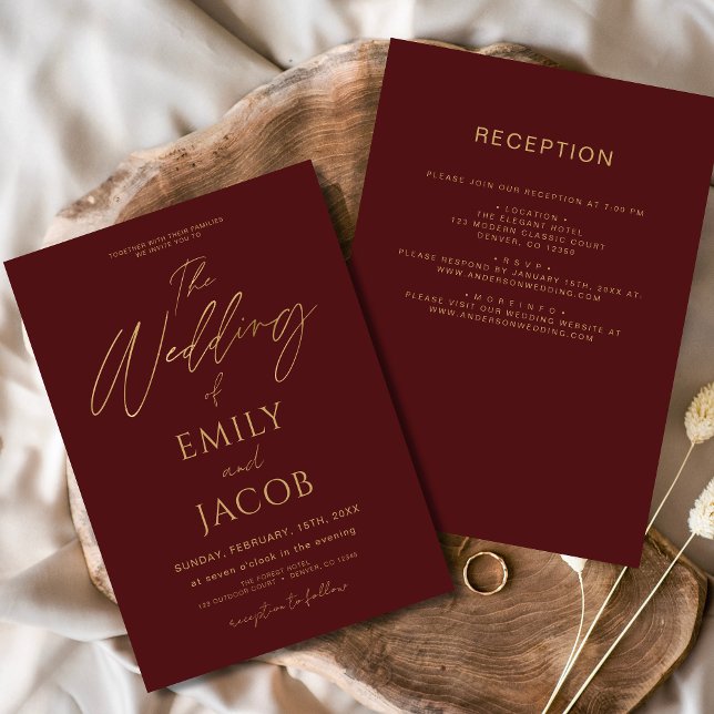All in One Burgundy Gold Wedding Elegant Script Invitation (Creator Uploaded)