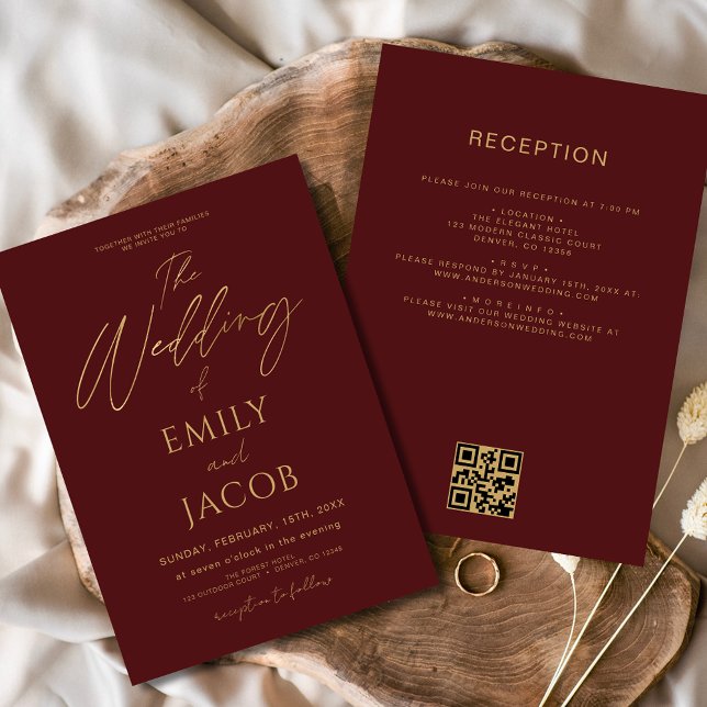 All in One Burgundy Gold Wedding QR Code Script Invitation (Creator Uploaded)