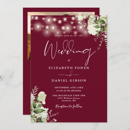 All In One Burgundy Greenery Light Photo Wedding Invitation